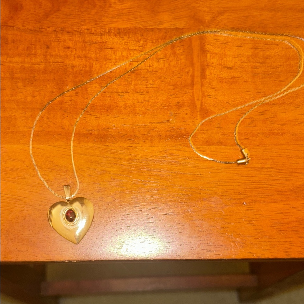 Gold Heart picture locket Pendant Necklace with Red Stone